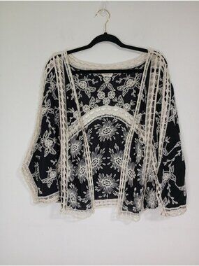 Ember Boho Black Sheer Lace Floral Embroidered Open Cardigan Kimono Women S